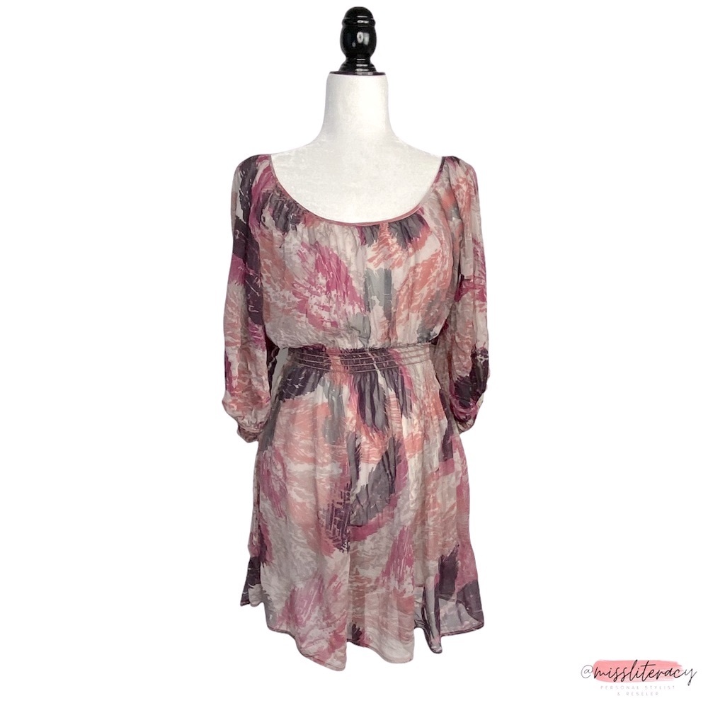 Akiko Abstract Watercolour Pink Purple Sheer Beach Cover-up Mini Dress [Size XS]